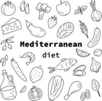 pancarta con productos de la dieta mediterránea al estilo garabato. vector