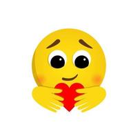 A round emoji holds a heart in its hands. Vector character in cartoon style on a white background. Cute emoticon