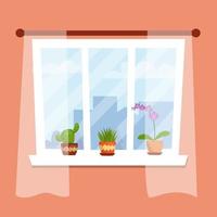 A window in a room with flowers on the windowsill in cartoon style. vector