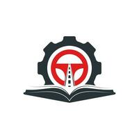 diseño del logotipo de la escuela de conducción. volante con cog e icono de libro. vector