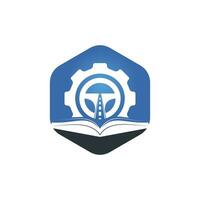 diseño del logotipo de la escuela de conducción. volante con cog e icono de libro. vector