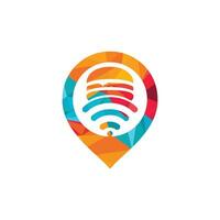 Online food logo design concept. Hamburger and WiFi signal with GPS symbol or icon. vector