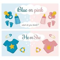 Gender reveal party concept. Baby shower celebration. Blue or pink. Boy or girl. He or she. Illustration for banner or party invitation. Cute baby bodysuits, pins, nipple . It's a boy. It's a girl. vector