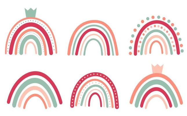 Doodle nursery rainbows collection. Hand drawn Scandinavian style boho rainbow for Baby shower, children's party. Cute pastel collection isolated on white background.