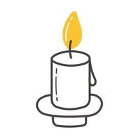 A burning candle in a candlestick. Vector hand-drawn illustration in the style of a doodle on a white background. An element of romantic design. Suitable for business cards, postcards, logo, flyer.