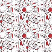 Seamless Christmas pattern with lanterns, gnomes, gifts, mugs, decoration balls, lollipops, candies, bells, and candles vector