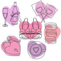 Set of hearts with holiday gifts, champagne with glass, shoes, macaroons, lollipops, coffee, lock and key vector