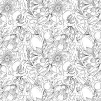 Seamless floral pattern with vegetables, fruits, and flowers in doodle technique vector