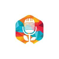 Podcast leaf nature ecology vector logo design. Podcast talk show logo with mic and leaves.