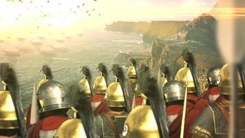 guerreros espartanos armados con lanzas y escudos. vieja escena de guerra animación 2d. video