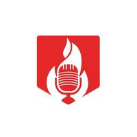 Fire Podcast logo design template. Flame fire podcast mic logo vector icon illustration.