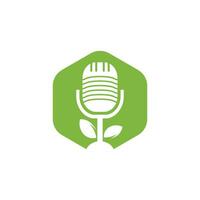 Podcast leaf nature ecology vector logo design. Podcast talk show logo with mic and leaves.