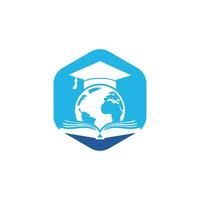 diseño del logotipo del vector de educación mundial. globo con tapa de gradación y diseño de icono de libro.