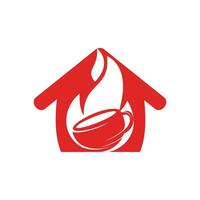 Fire flame hot roasted coffee logo design. Hot coffee shop logo with mug cup and fire flame with home icon design. vector