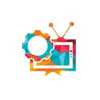 diseño de logotipo de vector de equipo de televisión. logotipo de reparación de tv. televisión y símbolo o icono mecánico.