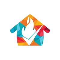 plantilla de diseño de logotipo vectorial de control de incendios. fuego y marca de verificación con diseño de icono de inicio. vector