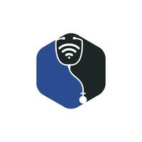 diseño de icono de logotipo médico wifi estetoscopio. estetoscopio con icono de señales wifi. vector