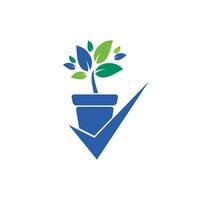 Compruebe el diseño del logotipo del vector de jardín. icono de cheque y maceta.