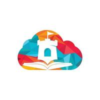 libro de castillo con diseño de logotipo de vector de nube. plantilla única de diseño de logotipo de librería, biblioteca y fortaleza.