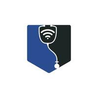 diseño de icono de logotipo médico wifi estetoscopio. estetoscopio con icono de señales wifi. vector