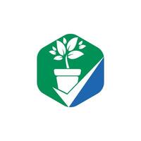 Compruebe el diseño del logotipo del vector de jardín. icono de cheque y maceta.