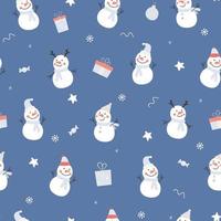 Seamless pattern with snowmen, snowflakes. Winter abstract Christmas forest print. Vector graphics.