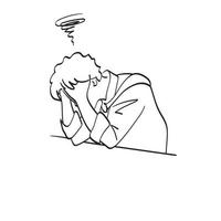 arte de línea estresado hombre de negocios sintiéndose enfermo y cansado mientras está sentado en la mesa ilustración vector dibujado a mano aislado sobre fondo blanco