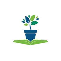 Eco book vector logo design. Book and flower pot icon logo.