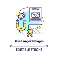 utilice el icono de concepto de imágenes más grandes. hacer una ilustración de línea delgada de idea abstracta de sitio web profesional. optimización de fotos. dibujo de contorno aislado. trazo editable. vector