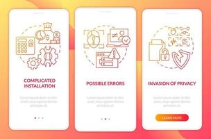 Biometric technology drawbacks red gradient onboarding mobile app screen. Walkthrough 3 steps graphic instructions with linear concepts. UI, UX, GUI template. vector