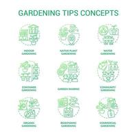 Gardening tips green gradient concept icons set. Plant care. Planting and growing flowers idea thin line color illustrations. Isolated symbols. vector