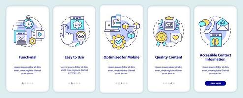 Cualidades de un buen sitio web que incorpora la pantalla de la aplicación móvil. tutorial fácil de usar 5 pasos instrucciones gráficas editables con conceptos lineales. interfaz de usuario, ux, plantilla de interfaz gráfica de usuario. vector