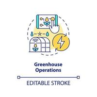 Greenhouse operations concept icon. Automated system. Farm energy efficiency abstract idea thin line illustration. Isolated outline drawing. Editable stroke. vector