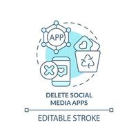 Delete social media apps turquoise concept icon. Break social networks addiction abstract idea thin line illustration. Isolated outline drawing. Editable stroke. vector