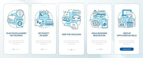 Road trip recommendations blue onboarding mobile app screen. Walkthrough 5 steps editable graphic instructions with linear concepts. UI, UX, GUI template. vector