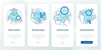 Components of communication blue onboarding mobile app screen. Selling walkthrough 4 steps editable graphic instructions with linear concepts. UI, UX, GUI template. vector