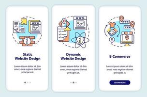 tipos de diseño de sitios web que incorporan la pantalla de la aplicación móvil. tutorial estático y dinámico 3 pasos instrucciones gráficas editables con conceptos lineales. interfaz de usuario, ux, plantilla de interfaz gráfica de usuario. vector