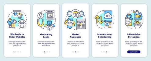 categorías de sitios web que incorporan la pantalla de la aplicación móvil. Tutorial de conocimiento del mercado Instrucciones gráficas editables de 5 pasos con conceptos lineales. interfaz de usuario, ux, plantilla de interfaz gráfica de usuario. vector