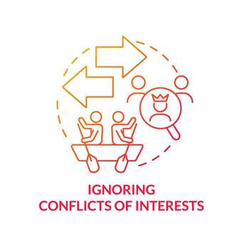 Ignoring conflicts of interests red gradient concept icon. Unethical behavior in workplace abstract idea thin line illustration. Violating policy. Isolated outline drawing. vector