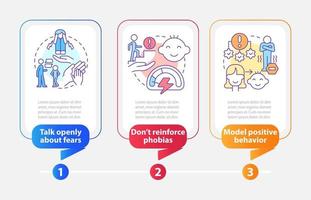 ayudando a la plantilla infográfica del rectángulo infantil. superar las fobias. visualización de datos con 3 pasos. gráfico de información de la línea de tiempo del proceso. diseño de flujo de trabajo con iconos de línea. vector