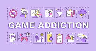 Game addiction word concepts purple banner. Obsession with videogames. Infographics with icons on color background. Isolated typography. Vector illustration with text.