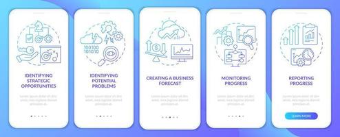 Business analyst assignments blue gradient onboarding mobile app screen. Walkthrough 5 steps graphic instructions pages with linear concepts. UI, UX, GUI template. vector