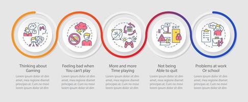 Signos de plantilla infográfica de bucle de adicción al juego. salud mental. visualización de datos con 5 pasos. gráfico de información de la línea de tiempo del proceso. diseño de flujo de trabajo con iconos de línea. vector