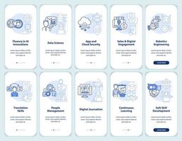 Tech skills and courses light blue onboarding mobile app screen set. Walkthrough 5 steps graphic instructions pages with linear concepts. UI, UX, GUI template. vector