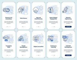 Tech skills and courses light blue onboarding mobile app screen set. Walkthrough 5 steps graphic instructions pages with linear concepts. UI, UX, GUI template. vector