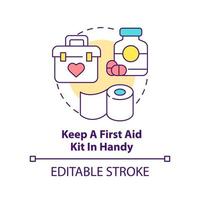 Keep first aid kit in handy concept icon. Trip with toddlers recommendation abstract idea thin line illustration. Isolated outline drawing. Editable stroke. vector