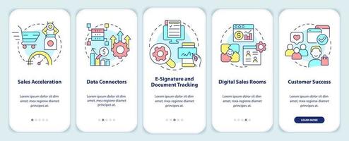 Sales tools onboarding mobile app screen. Marketing tendencies walkthrough 5 steps editable graphic instructions with linear concepts. UI, UX, GUI template. vector