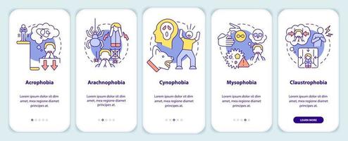 Most common phobias onboarding mobile app screen. Anxiety disorder walkthrough 5 steps graphic instructions pages with linear concepts. UI, UX, GUI template. vector