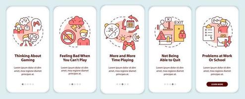 Signs of game addiction onboarding mobile app screen. Mental health walkthrough 5 steps graphic instructions pages with linear concepts. UI, UX, GUI template. vector