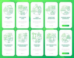 Sustainable urbanization green gradient onboarding mobile app screen set. Walkthrough 5 steps graphic instructions pages with linear concepts. UI, UX, GUI template. vector